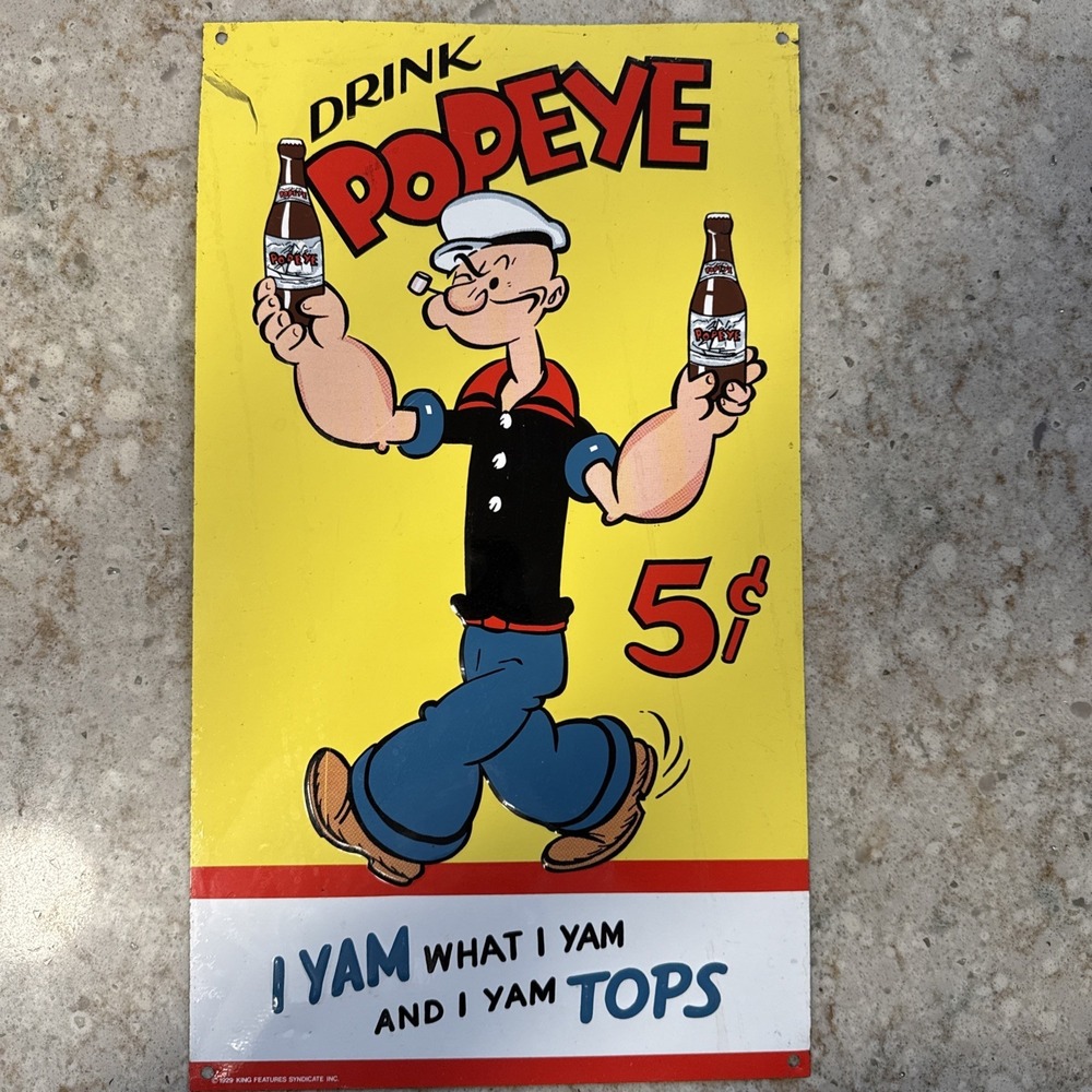 Vintage Style Popeye 5¢ Soda Tin Metal Sign 15x9 Retro Cartoon‎ Wall Decor